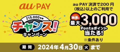 4/30(火)までau PAY（コード支払い/ネット支払い/請求書支払い）で最大3,000Pontaポイントが当たる「au PAY チャンス！キャンペーン」開催中！