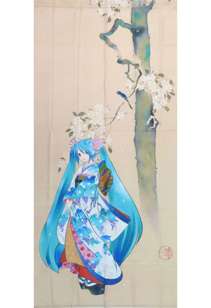 初音ミク 着物姿 タペストリー のれん 琳派 桜に小禽 - キャラクターグッズ