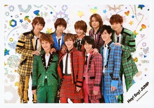 駿河屋 中古 Hey Say Jump 集合 9人 横型 膝上 衣装緑 赤 ピンク 水色 黄色 青 オレンジ 紫 黄緑 チェック柄 白 黒 前列4人 背景白 後列センター有岡 Hey Say Jump Countdown Live 15 16 Jumping Carnival Count Down グッズ 公式生写真 Hey