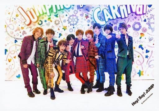 駿河屋 中古 Hey Say Jump 集合 9人 横型 全身 衣装緑 赤 ピンク 水色 黄色 青 オレンジ 紫 黄緑 チェック柄 白 黒 グー 指差し 背景白 センター山田 Hey Say Jump Countdown Live 15 16 Jumping Carnival Count Down グッズ 公式生写真 男性