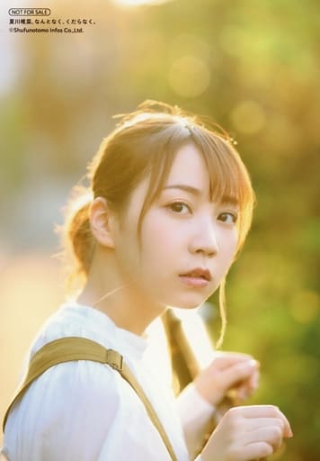 Natsukawa Shiina with a brown-haired ponytail, dressed in brown overalls and white top standing at the ledge of a wooden bridge and looking back